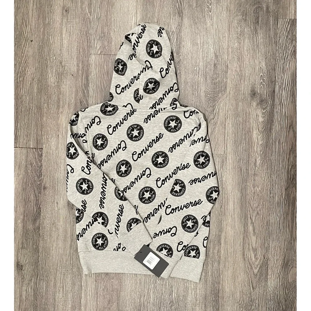 Converse Hoodie Sweatshirt Youth Medium All Over Print Gray Black Pullover NEW‎